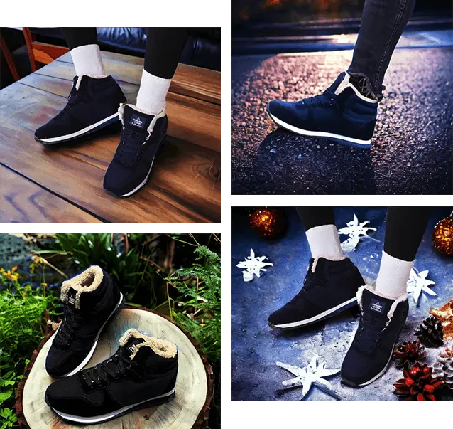 Winter-, Herfst- en Herfstlaarzen blauw en zwart met warme binnenvoering, stabiele grip en waterafstotende nano-coating.